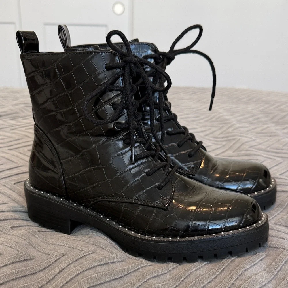 A New Day Black Croc-Embossed Lace-Up Comabt Boots - Picture 1 of 14